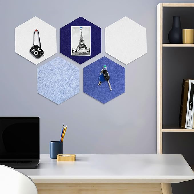 8 Packs Blue White Hexagon Felt Pin Board, 12" Bulletin Board with 30 Push Pins, Felt Board for Home Kitchen Office Decor, Self-Adhesive Corkboard Tiles for Walls School Message Photos Memos