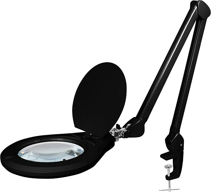 Neatfi Elite Super LED Magnifying Lamp with Clamp, 6” Glass Lens, Dual Magnification, 5D/12D, 6500K, Glare-Free, Nonpolar Dimming, Lamp for Reading, Sewing, Crafting (6 Inch Lens, Black)
