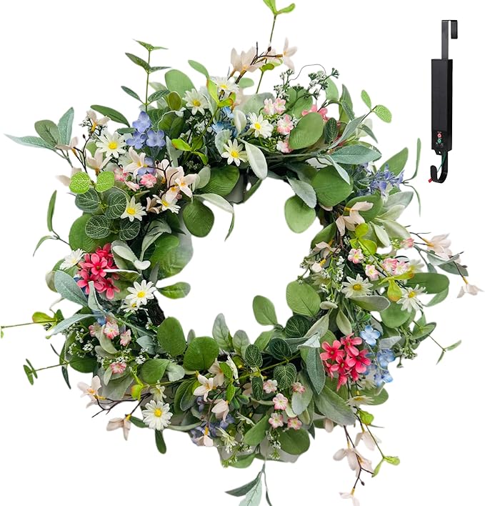 Solar Spring Wreath for Front Door 24inch Pre-lit 50LED Spring Summer Decorations Artificial Wreath Colorful Daisy for Outside Home Decor Festival Farmhouse Decor(2408)