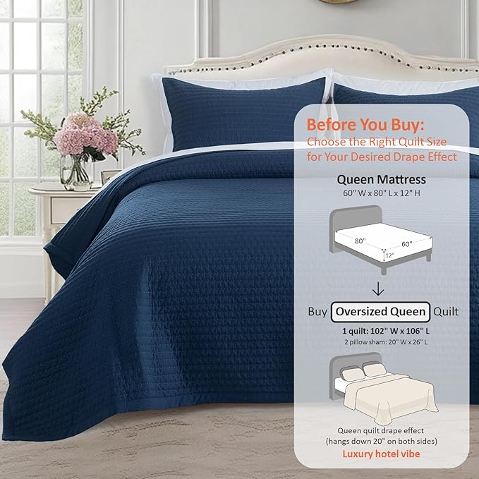 KASENTEX Oversized Queen Quilt Set 102"x106" – Soft Washed 3-Layer Lightweight Bedspread, Minimalist Nordic Design, All-Season Spring & Summer Quilt Set (1 Quilt + 2 Pillow Shams),Dress Dark Blue