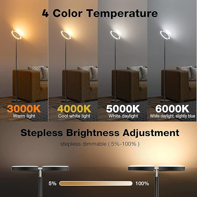 LED Floor Lamp - Rotatable Standing Lamp with Touch & Remote Control, 3000-6000K, 22W Modern Floor Reading Light, Dimmable Corner Uplighter for Living Room Bedroom Office, Black