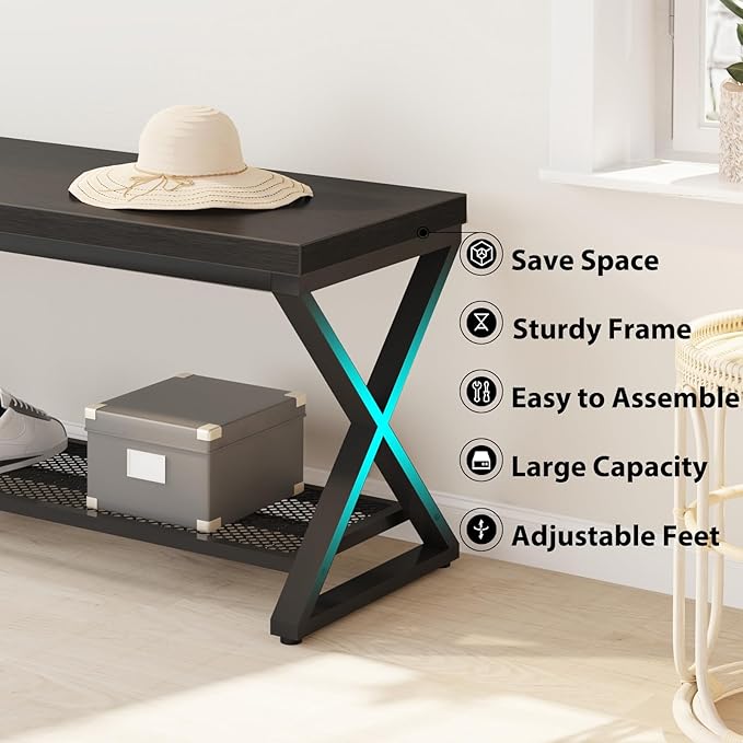 LVB Black Entryway Bench with Storage, Indoor Shoe Bench with Seating for Hallway, Accent Storage Bench for Living Room Bedroom, Simple Small Shoe Rack Benchs for Foyer Entrance, Black Oak, 39 inch