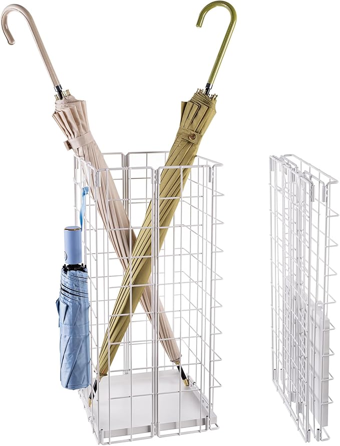 Umbrella Stand, Umbrella Holder for Entryway, Large Metal Foldable Umbrella Rack Organizer Freestanding, with Water Tray and Hooks, Rectangular Hollow Rack 9.5 x 9.5 x 19.7 Inches (White)