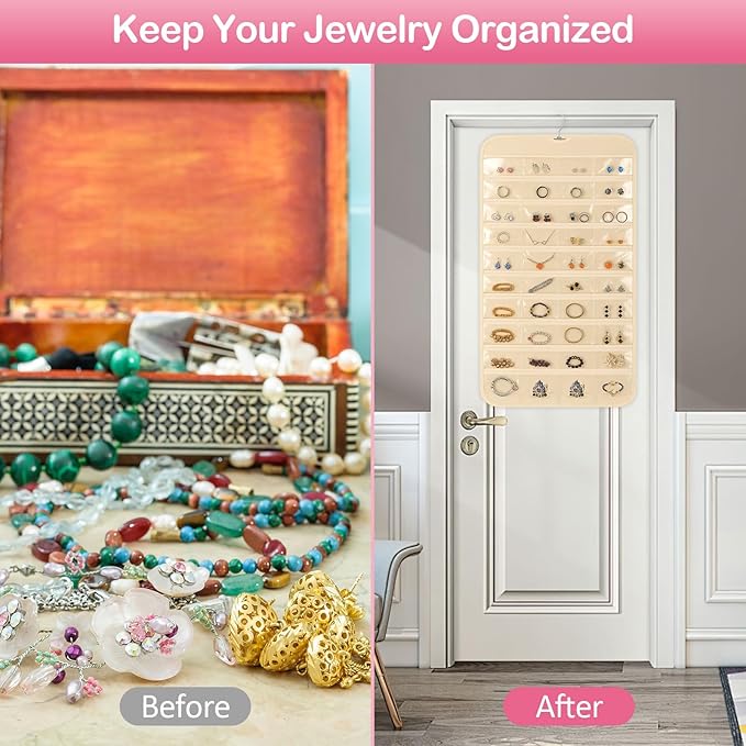 Hanging Jewelry Organizer for Closet with Swiveling Hanger, 17 x 30 In, 80 Clear Pockets Jewelry Organizer Hanging for Jewelries, Earrings, Accessories (Beige) (2, Beige)