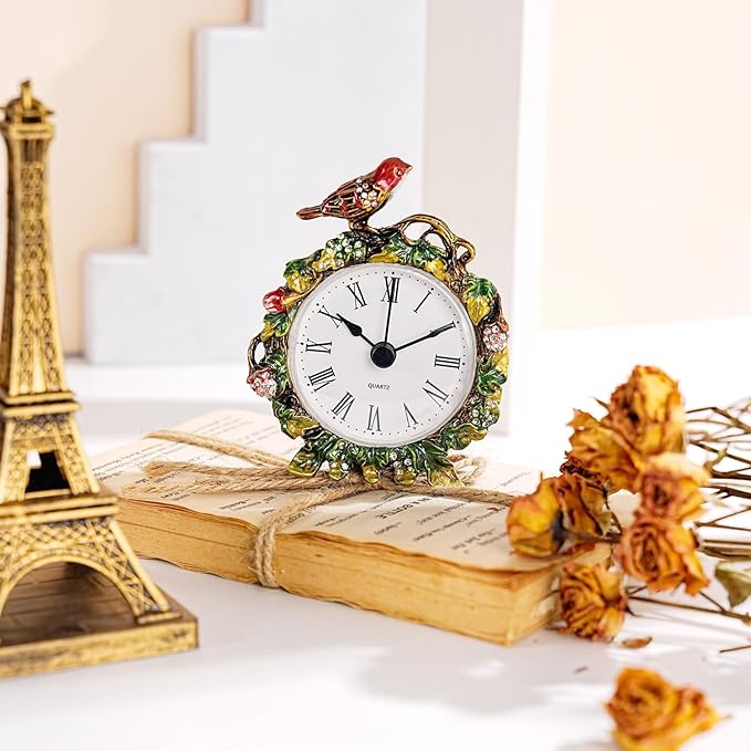 Mini Tabletop Clock, Decorative Vintage Floral Metal Table Clock with Battery Operated for Bedside, Table, Living Room, Home and Office
