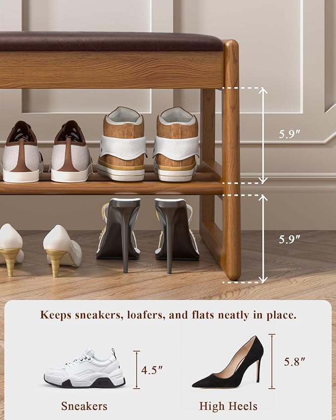 Shoe Rack Bench Seat Rubberwood 2-Tier Wooden Storage Bench 550lbs Compact Mid-Century Modern Design for Entryway, Hallway, Closet, Front Door Entrance, Foyer