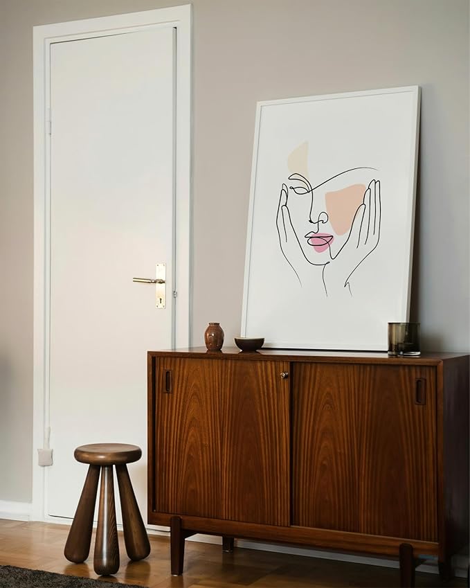 Aesthetic Face Wall Art Hands on Cheeks Continuous Line Drawing Abstract Pink Shapes 24x36 Inch Oak Wood White Framed Modern Portrait for Bedroom Vanity