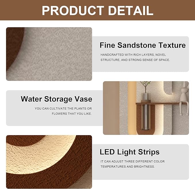 LED Sandstone Wall Decor, 3D Wall Art Sculpture, Simulated Green Plants, Glass Vase & Rabbit Statue, Remote Control 3 Color Light, for Living Room, Bedroom, Hallway(Light Coffee,47.2 * 23.6in)