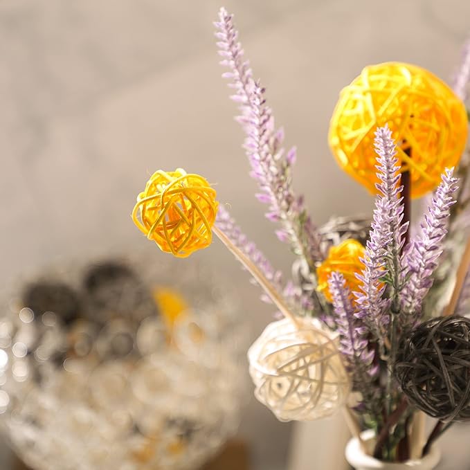 Patelai 72 Pcs Wicker Rattan Balls Decorative Balls for Vase Centerpiece Bowls Orbs Filler for Spring Summer Craft Home Decor, 4 Sizes(Yellow, Gray, White)