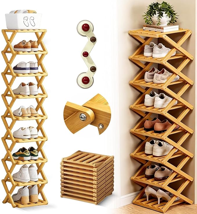 The 9-Tier No-Assembly Bamboo Rack, 2026 Upgraded Foldable 9 Tier Bamboo Corner Shoe Rack, Space-Saving Organizer for Shoes, No Assembly Narrow Shoe Shelf for Entryway Closet Dorm (Yellow, 9 Layers)