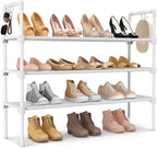 3 Tier Shoe Rack for Closet, Shoe Organizer with 5 Hooks, Long Shoe Shelf Storage for Shoe and Boot Stackable Free Standing Shoe Rack for Entryway, Garage, Small Spaces, Dorm, White