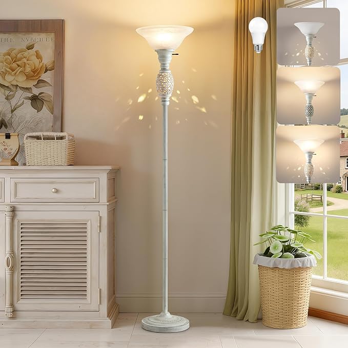 Luvkczc 70" Torchiere Floor Lamp with NightLight - Floor Lamps for Living Room, Bedroom, Office - Vintage Floor lamp with Rotary Switch & Etched Glass Shade, Home Decor, Bulb Included