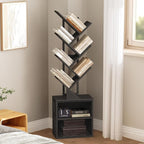 Tree Bookshelf, 6 Tier Bookcase with 2 Storage Racks, Free Standing Wooden Bookcase, Floor Standing Book Shelf Organizer for Living Room, Bedroom, Study, Home Office, Black