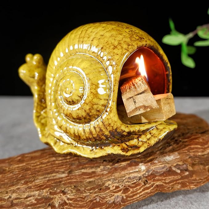 Handcrafted Yellow Ceramic Snail Palo Santo Holder - Mini Fireplace Incense Burner for Sage, Wood Sticks, Cones & Tealights - Unique Aromatic Smudge Bowl for Yoga and Meditation Gifts