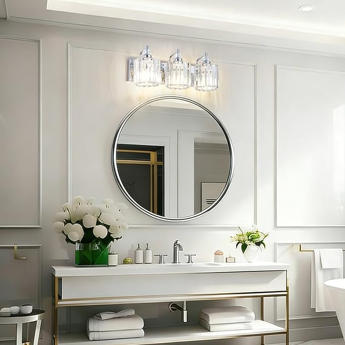 3-Light Modern Bathroom Light Fixture Chrome Bathroom Vanity Lights Over Mirror Wall Sconce Lighting with K9 Crystal Shades E26 Base for Bedroom, Living Room, Hallway, Cabinet Wall Lamp