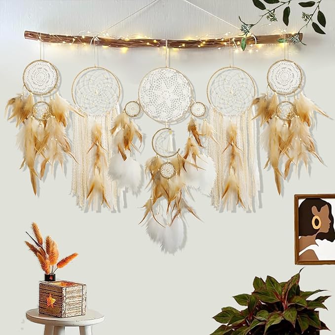 Dream Catcher Boho Macrame Wall Art - 31" Large Feather Dreamcatchers for Bedroom Moon Wall Decor by Native American for Women, Teen Girls
