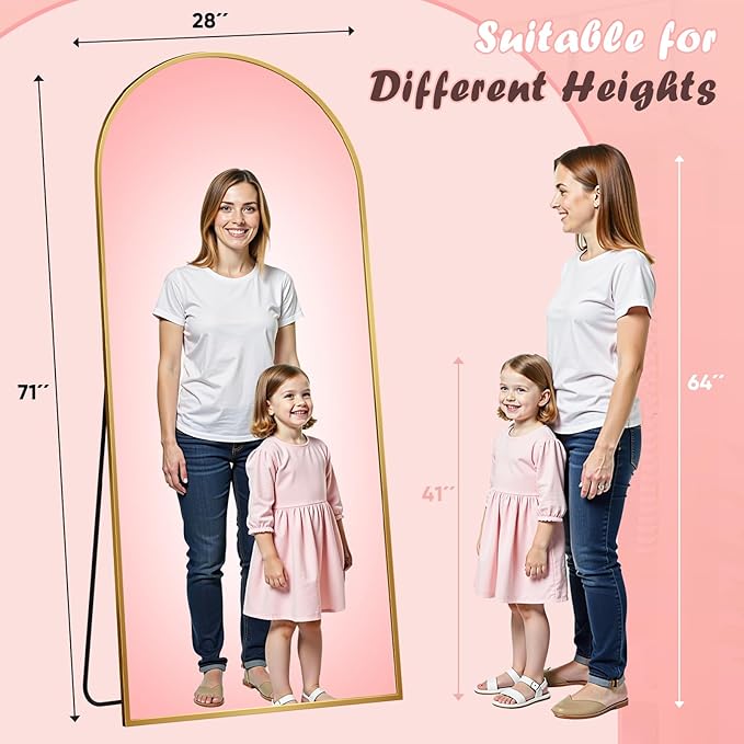 Full Length Mirror, 71" x 28" Arched Full Body Mirror Large Standing Floor Mirrors, Mirrors for Bedroom, Bathroom, Living Room Standing or Wall Leaning, Gold
