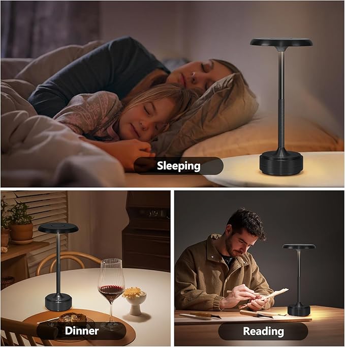 Rechargeable Cordless LED Table Lamps Touch Sensor Light, 3-Levels Portable Dimming Wireless Battery Operated Lamp，Nightstand Lamp/Night Light/Restaurant Table/Outdoor/Coffee/Bar (Black)