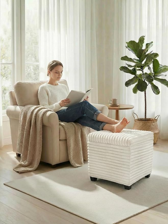 17.7 inches Faux Fur Ottomans Cube with Legs, Metal Framed Vanity Stool Chair Storage Ottoman Foot Rest Stool, Holds 770 LB for Dorm Living Room Bedroom White UASND644W