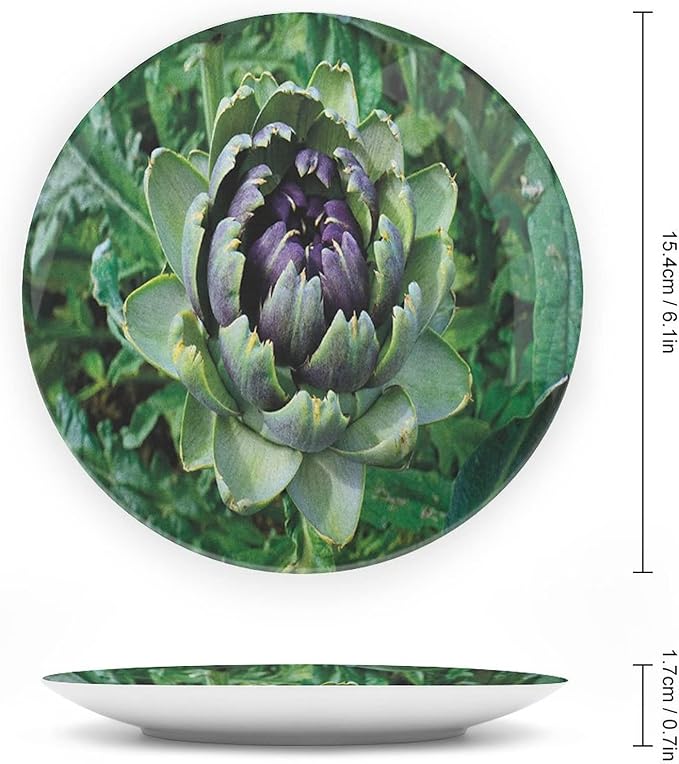 Ceramic Display Plate, Artichoke Ceramic Hanging Decorative Plate, Blooming Vegetable Agriculture Nature Artwork Print, 10 Inch, Living Room Kitchen Decoration Household, Fern Green and Purple