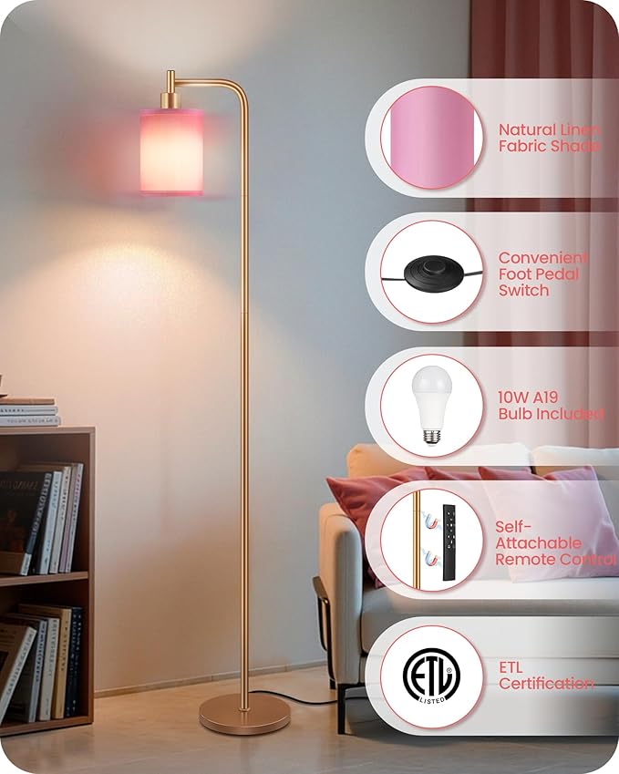 Dimmable Floor Lamp for Living Room with Remote and Foot Switch, Modern Standing, Corner Lamp,10W Bulb 3 Color Temperatures, for Bedroom, Office, Corner, ETL Listed, Gold and Pink DP19LD05
