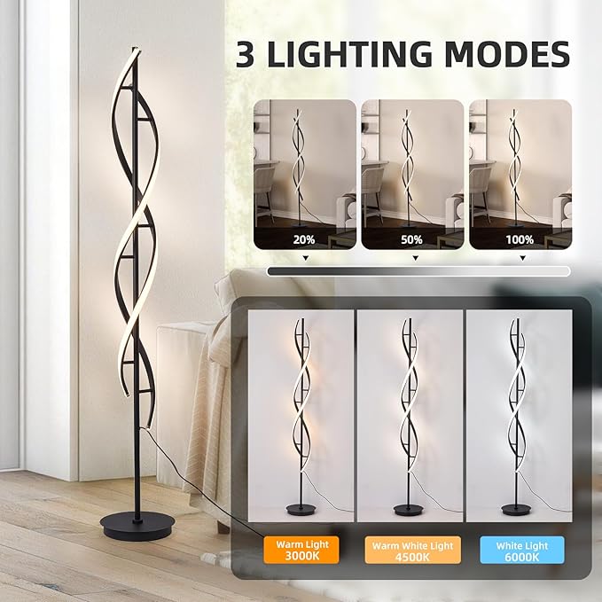 Modern Floor Lamp, 40W 3 Colors Stepless Dimmable and Color-Changing Bright Floor Standing Tall Lamp for Living Room,60" Unique Spiral Floor Lamp for Bedroom Office with Remote Black