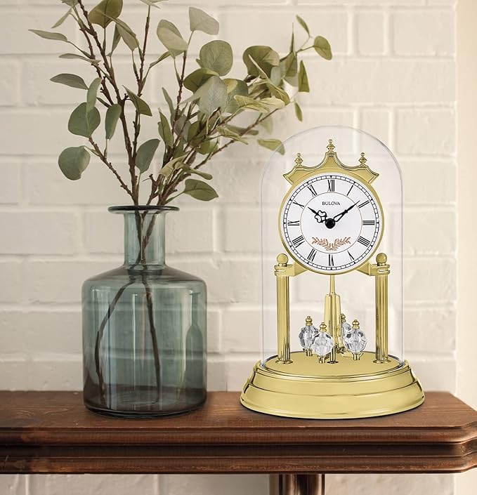 Bulova B8821 Heather Anniversary Clock | 9" Glass Dome Design | Rotating Crystal Pendulum | Westminster Chime | Engraving Plate