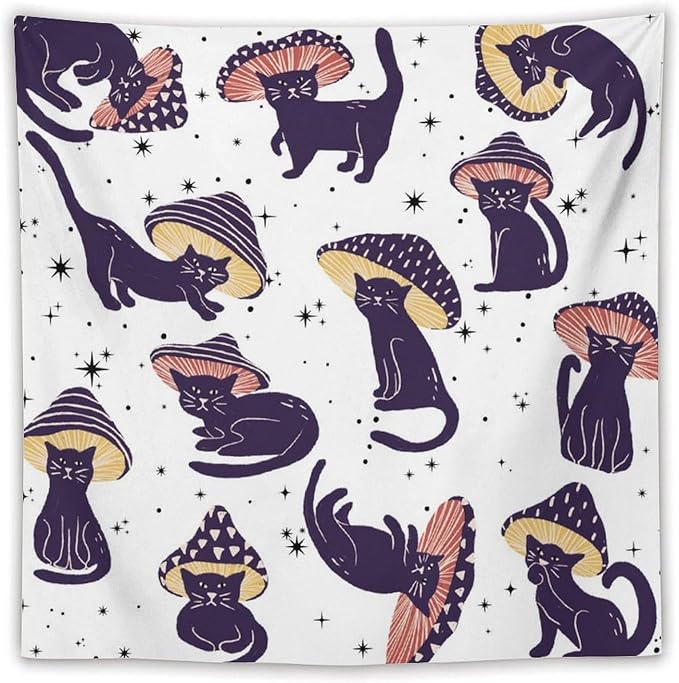 VUMIVI Funny Cat Mushroom Tapestry Retro 70s Hippie Style Cute Black Kitten Star Aesthetic Art Print Tapestry Wall Hanging for Living Room Bedroom Dorm Classroom Aesthetic Decor W60xL60in
