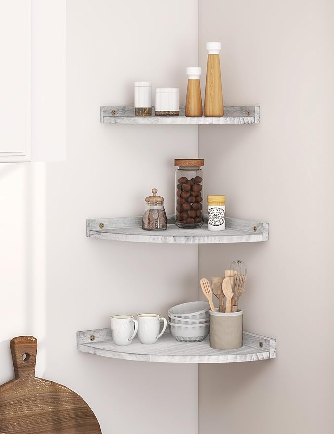 Corner Shelves Wall Mount, Rustic Natural Wood Corner Floating Shelf, Distressed White Storage Organizer Corner Wall Shelves for Living Room Kitchen Bedroom Bathroom Laundry, 9.68x9.68 Inch
