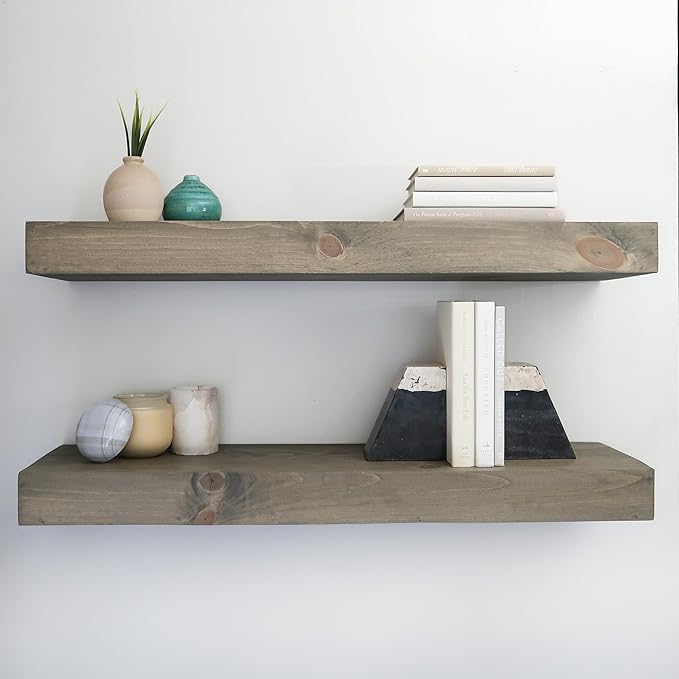Urbandi Modern Floating Shelves 3 Inches Thick for Wall, Wide Shelves for Kitchen, Living Room, Bedroom, and Bathroom, Natural Pine Wood, Rustic Wooden Shelf, (Set of 2) (Aged Barrel, 60Lx3Hx6D)