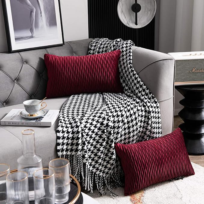 Burgundy Throw Pillow Covers: 2 Pack 12x20 Inch Original Striped Velvet Rectangular Decorative Pillow Cases for Farmhouse Couch