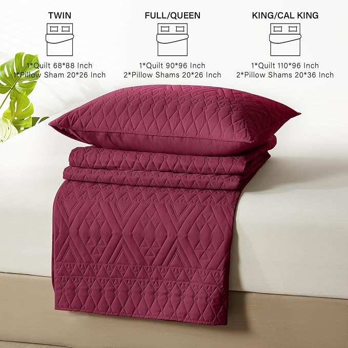 akkialla Twin Quilt Set, Burgundy Lightweight Microfiber Bedspread Coverlet, Boho Geometric Pattern, Soft All-Season Bedding, 2-Piece (1 Quilt, 1 Pillow Sham) | Breathable fabric, Modern style