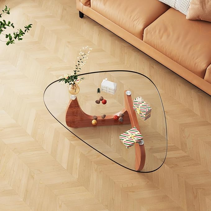 Coffee Tables Glass Small Farmhouse Coffee Table Mid-Century Modern Wood Center Table for Living Room, Walnut Transparent, 45 Inch
