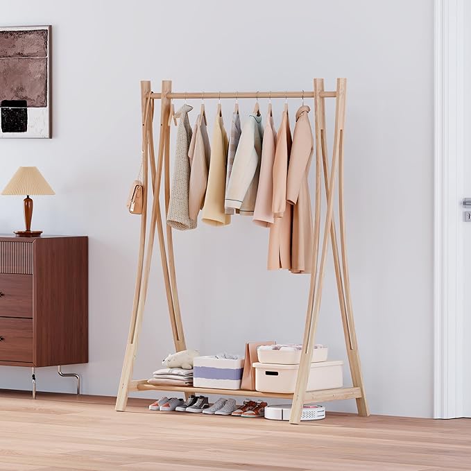 Wooden Retail Display Hanging Clothes Rack with Storage Shelf, 40" W x 57" H Freestanding Heavy Duty Clothing Drying Garment Rack for Hanging Clothes, Coat, Dress, Shirt, Hat