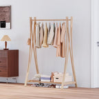 Wooden Retail Display Hanging Clothes Rack with Storage Shelf, 40" W x 57" H Freestanding Heavy Duty Clothing Drying Garment Rack for Hanging Clothes, Coat, Dress, Shirt, Hat