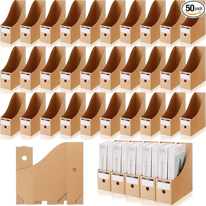 50 Pcs Cardboard Magazine Holder Magazine File Holder Magazine Storage Box Document Magazine File Organizer with 50 Pcs Labels for School Office Home Supplies, Brown