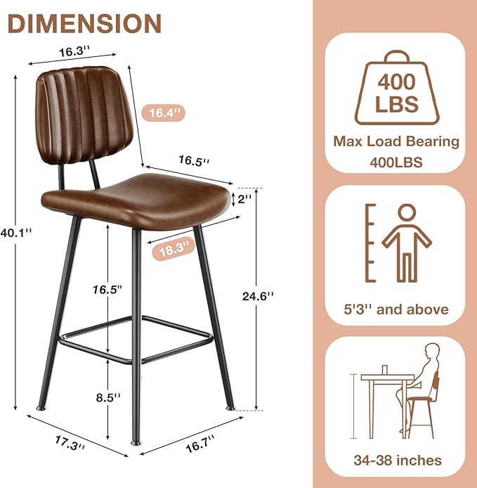 24-Inch Leather Bar Stools Set of 3, Counter Height Barstools with High Backrest，Bar Chairs for Kitchen Island with Heavy Duty Metal Legs, Dark Brown