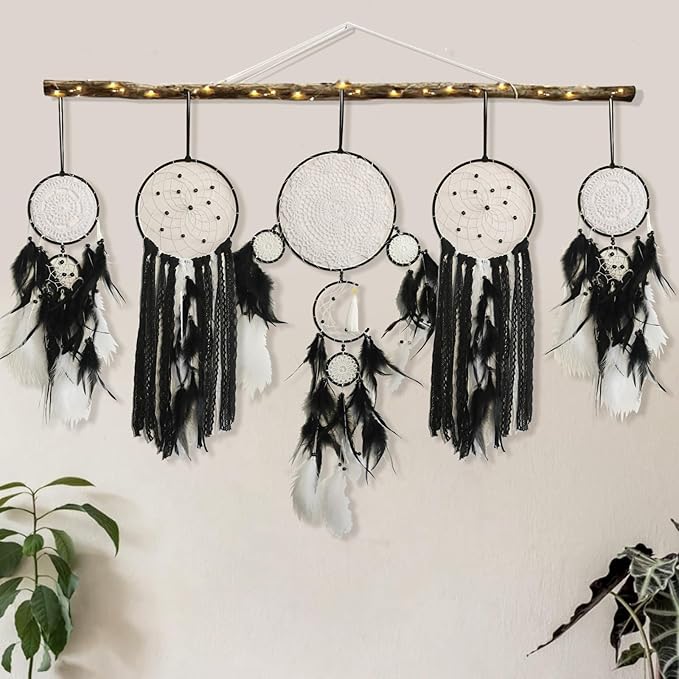 5 Pack Black Dream Catchers for Bedroom Adult Boho Macrame Wall Hanging Art Decor Large Dreamcatchers with Feather for Home Living Room Handmade Gift