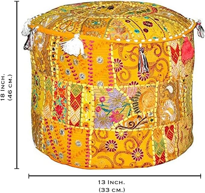 Aakriti Indian Footstool with Embroidery Pouf, Indian Cotton, Pouf, Ottoman Pouf Cover with Ethnic Decor Art – Cover (Yellow, 46 x 33 cm)
