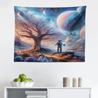 Ambesonne Space Tapestry, Lonely Astronaut in a Surreal Planet Pastel Celestial Forms Dried Tree, Fabric Wall Hanging Decor for Bedroom Living Room Dorm, 28" X 23", Blue Pale Orange Mauve