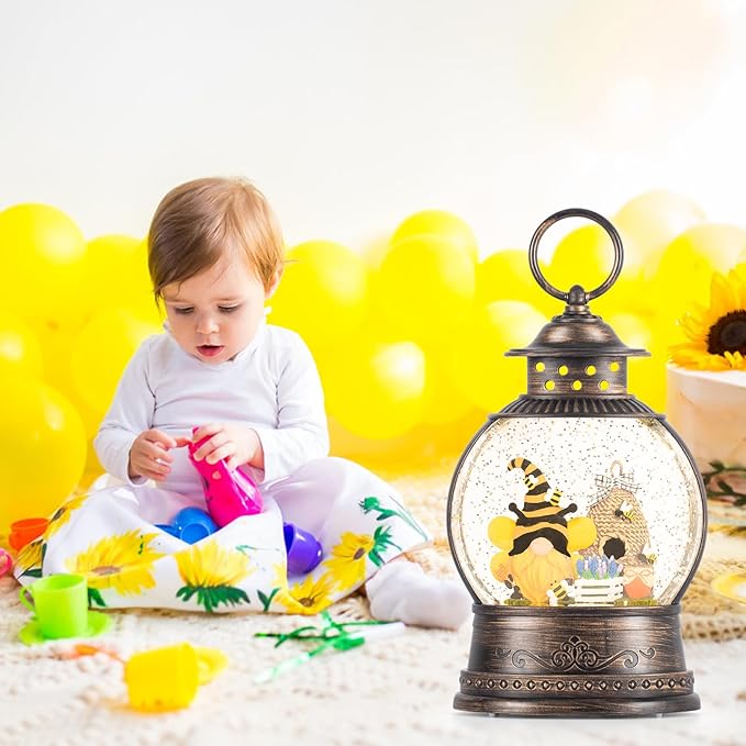 Bee Hive Decor Spring Bee Gnome Light Up Snow Globe 6H Timer Honey Bee Decorations for Spring Decor,Home Shelf Decor,Battery Operated & USB Operated