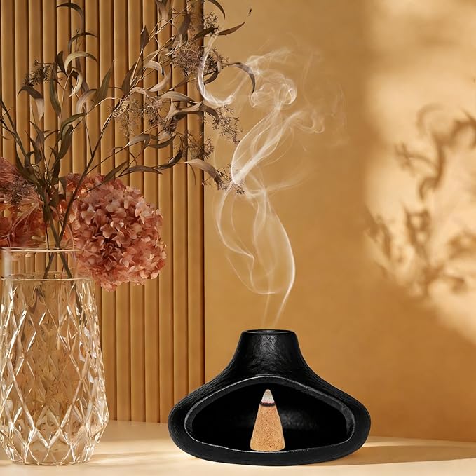 Palo Santo Holder, Incense Holder for Sage, Wood Sticks, Cones, Incense Burner Ceramic Mini Chimney for Meditation Yoga, Ash Catcher Room Home Decor(Black)