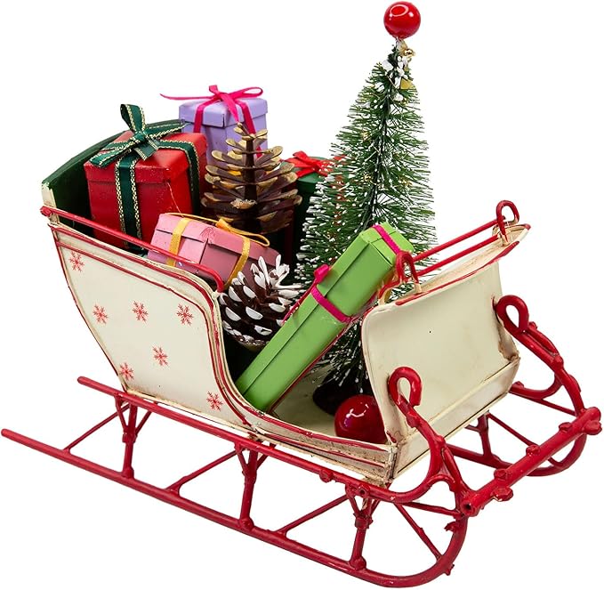 Berfutall-Red Santa Sleigh Christmas Decor for Table Top Holiday Home Decorations Decoration with Rustic Charm (G) (G Red/White 8")