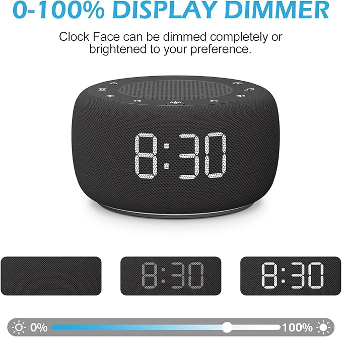 Buffbee Sound Machine & Alarm Clock 2-in-1, 0-100% Clock Face Brightness, Bottom Colored Light, Sleep Timer, Precise 30-Level Volume Control White Noise Machine
