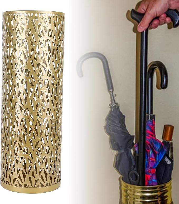 Umbrella Stand Umbrella Holder for Entryway,Umbrella Stand Rack,Metal Hollowed Freestanding Round Umbrella Holder Organizer Bin,Umbrella Rack Organizer Freestanding for Home Hotel Office(Small-Gold)