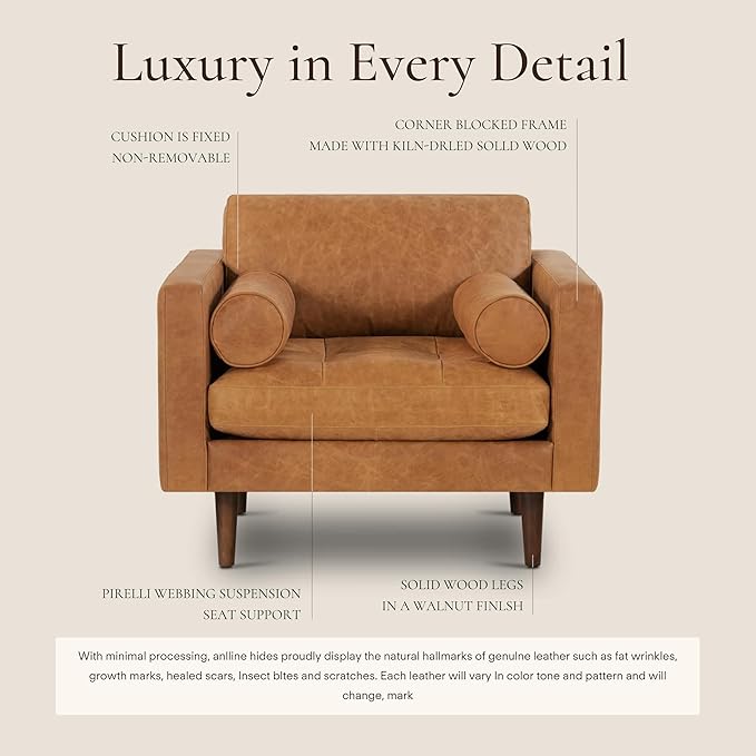 POLY & BARK Napa Lounge Chair – 42” – Cognac Tan – Italian-Tanned Full-Grain Pure-Aniline Leather, Feather-Down Cushions, Solid Wood Frame