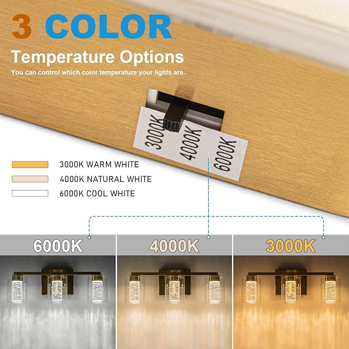 SineRise 3-Light Gold Vanity Light with 3 Color Modes (3000K/4000K/6000K), Eye Protection LED Bathroom Light Fixture, Dimmable Modern Wall Light Over Mirror with Clear Glass Shade
