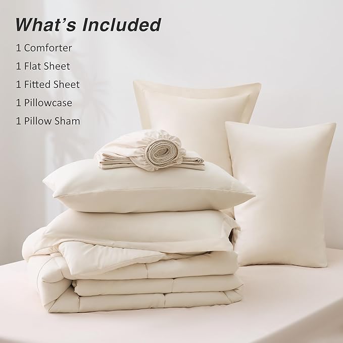 Love's cabin Twin XL Comforter Set Beige, 5 Pieces Twin XL Bed in a Bag, All Season Bedding Sets with 1 Comforter, 1 Flat Sheet, 1 Fitted Sheet, 1 Pillowcase and 1 Pillow Sham