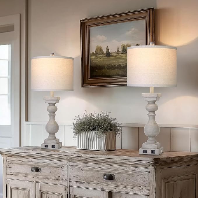 28" Tall Farmhouse Table Lamps Set of 2 with USB C+A Ports and AC Outlet, 3 Way Touch Tall Rustic Bedside Lamps for Living Room, Grey Vintage Lamps for Bedroom