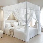 AIKASY 4 Corners Post Ruffle Princess Bed Canopy Curtain - Double Layer Cozy Drape Netting with 4 Openings - Elegant Mosquito Net for Girls and Adults Bedroom Decoration (White, Twin)